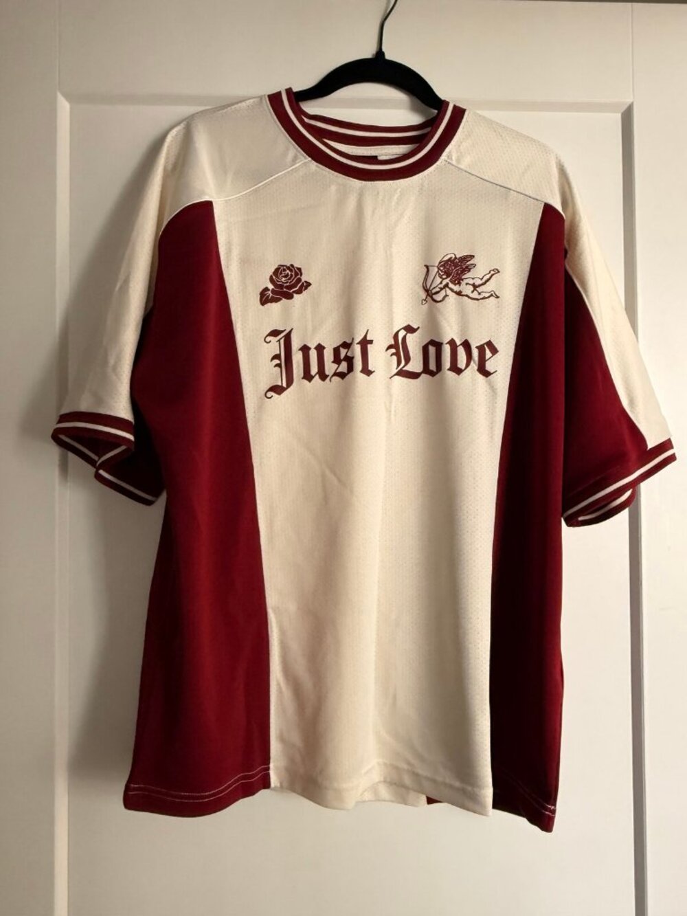 H&M Just Love mesh soccer jersey in cream and burgundy, size L, NWT